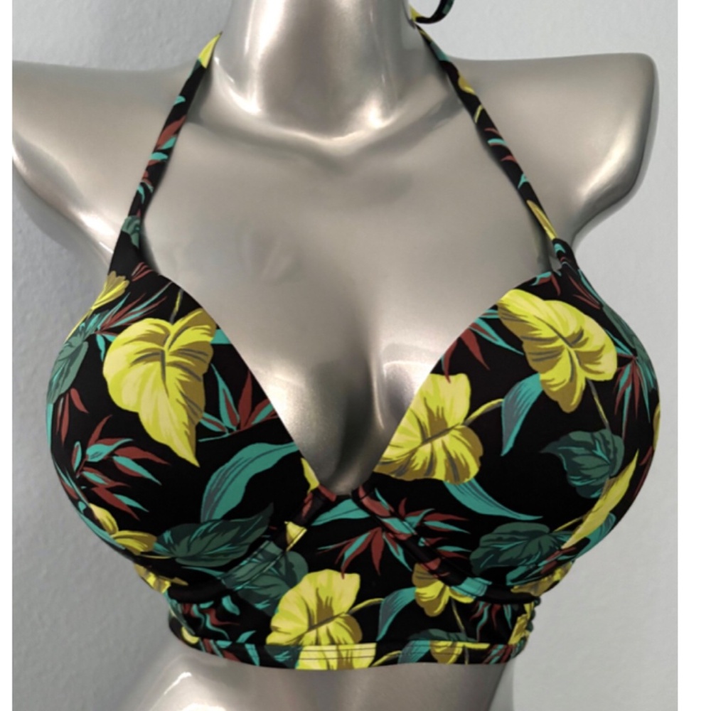 Victoria's Secret Black Halter Bikini Top with Yellow & Teal Floral Print